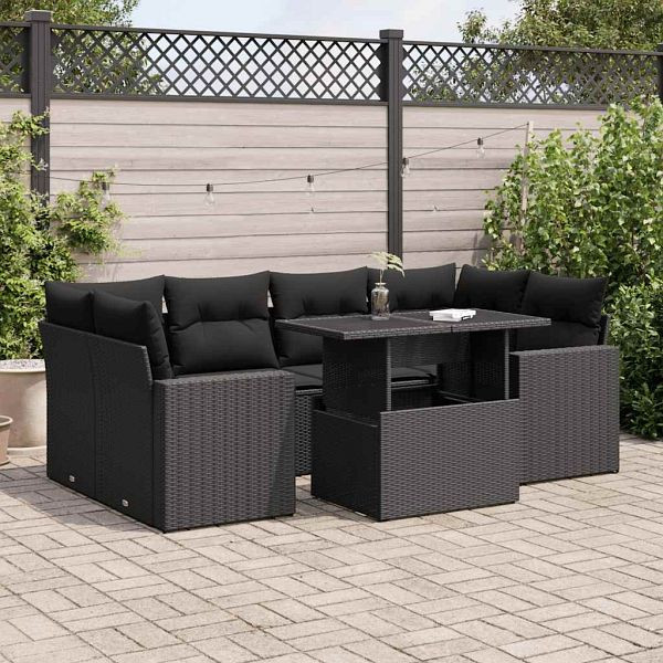 vidaXL 7-tlg. Garten-Sofagarnitur mit Kissen Schwarz Poly Rattan, 3326266