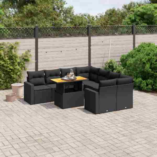 vidaXL 9-tlg. Garten-Sofagarnitur mit Kissen Schwarz Poly Rattan, UV-beständig, 3271237