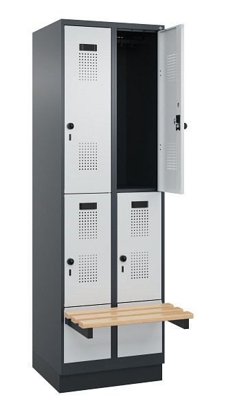 C+P Doppelstock-Spind Evolo PLUS, Bank, 4 Fächer, 1950x600x815mm, 7016/7035, Drehriegel, Sitzfläche Buche-Hartholz, mit Sockel, 049340-20 S10017