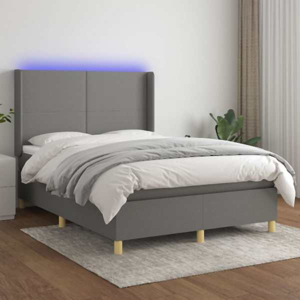 vidaXL Boxspringbett mit Matratze & LED Dunkelgrau 140x200 cm Stoff, 3138718
