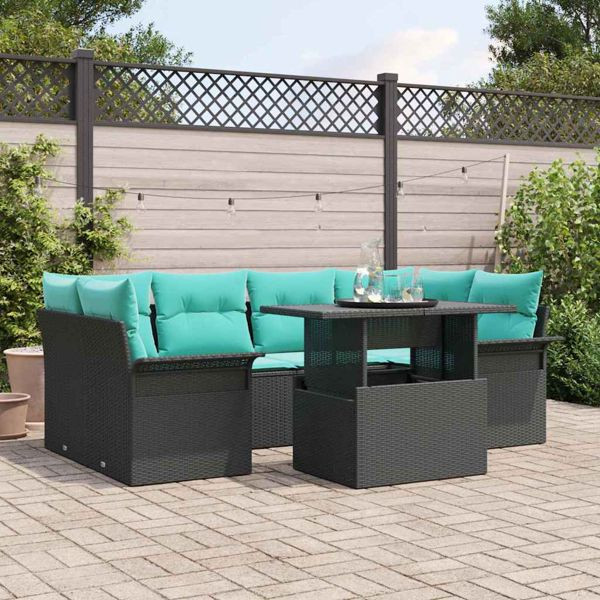 vidaXL Gartensofa-Set mit Kissen 7-teilig Schwarz Poly Rattan, 3356959