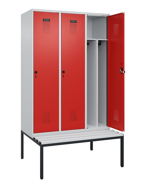 C+P Spind Evolo PLUS, 3 Abteile, 2120x1200x815mm, 7035/3020, Haken 4, Drehriegel, Sitzfläche Kunststoff, Sitzbank, Trennwand, 0490507-32F S10059