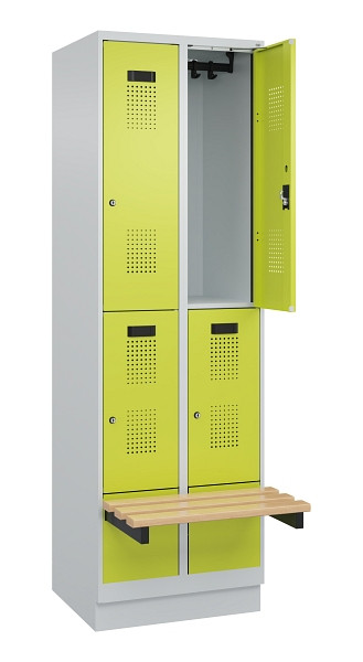 C+P Doppelstock-Spind Evolo PLUS, Bank, 4 Fächer, 1950x600x815mm, 7035/0024, Zylinderschloss, Sitzfläche Buche-Hartholz, mit Sockel, 049340-20 S10042