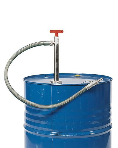 DENIOS Fasspumpe, Edelstahl, elektrisch leitfähiger PTFE-Schlauch, 570 mm Tauchtiefe, 117663