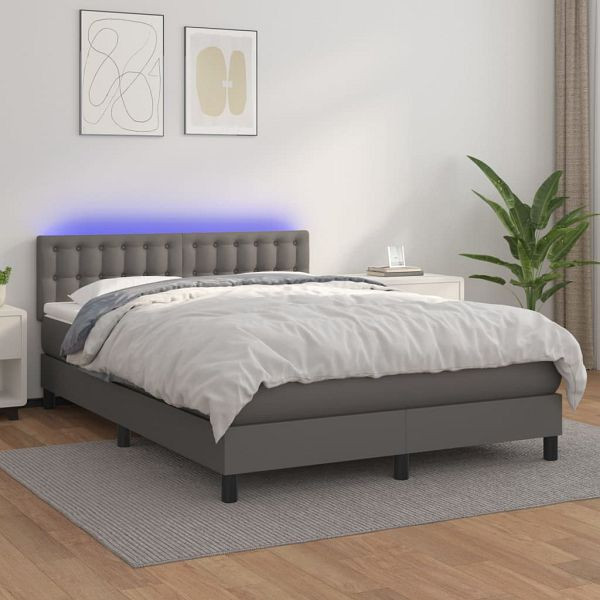 vidaXL Boxspringbett mit Matratze & LED Grau 140x200 cm Kunstleder, 3134229