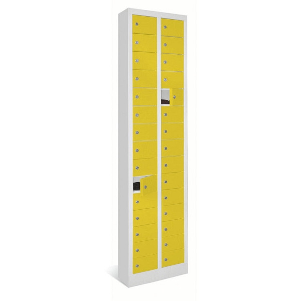Deskin Kleinfachschrank 2 x 15 Fächer, Zinkgelb RAL 1018, 460 x 200 x 1950 mm, ohne Etikettenrahmen, 270404