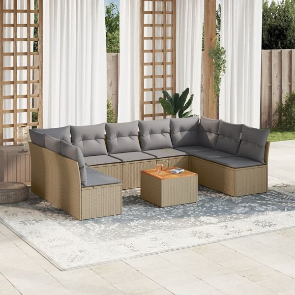 vidaXL 10-teilig Garten-Sofagarnitur mit Kissen Beige Poly Rattan, 3256122