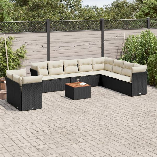 vidaXL 11-teilig Garten-Sofagarnitur mit Kissen Schwarz Poly Rattan, 3223718