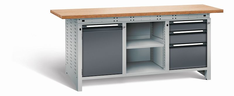 Otto Kind Werkbank Serie function Typ 307, Multiplexplatte 40 mm, überstehend, 2x Unterbau + mittleres Feld, Gehäuse RAL 9006, Front RAL 7016, 07236224S