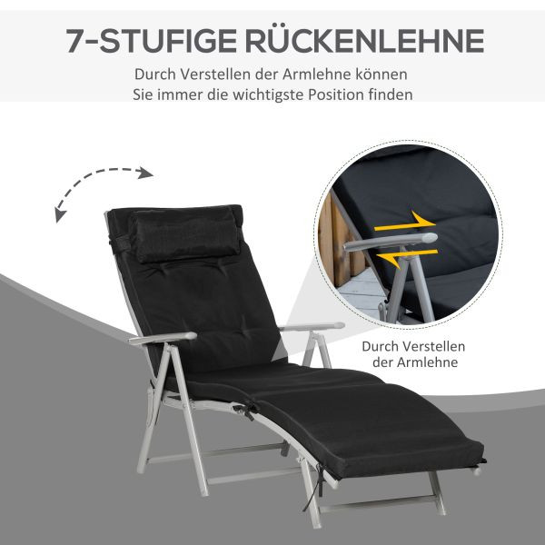 Outsunny Sonnenliege mit Kissen Schwarz 137 x 63,5 x 100,5 cm, 84B-184V01BK