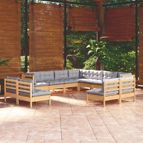 vidaXL 11-teilig Garten-Lounge-Set mit Grauen Kissen Massivholz Kiefer, 3096862