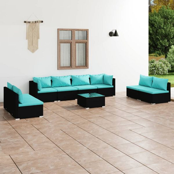 vidaXL 9-teilig Garten-Lounge-Set mit Kissen Poly Rattan Schwarz, 3102257