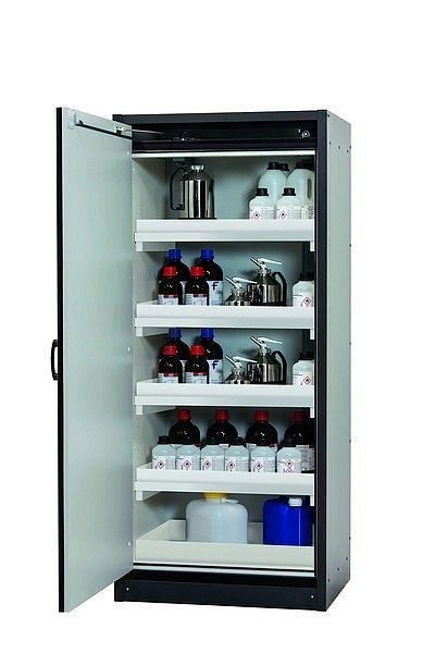 asecos Sicherheitsschrank Q-CLASSIC-30, Q30.195.086.WD in enzianblau RAL 5010 mit 4x Wannenboden Standard (Polypropylen), 31008-067-30052
