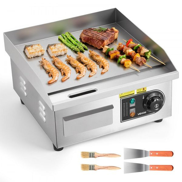 VEVOR Elektro-Grillplatte 2000 W, 355x300 mm, 50-300 °C, Edelstahl, inkl. 2 Spatel & Bürsten, für Steaks, Pfannkuchen, SYKDBLQP10MMY45LJ002V2