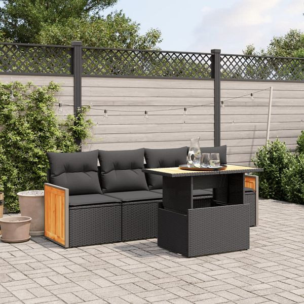 vidaXL 5-teilig Garten-Sofagarnitur mit Kissen Schwarz Poly Rattan, 3273834