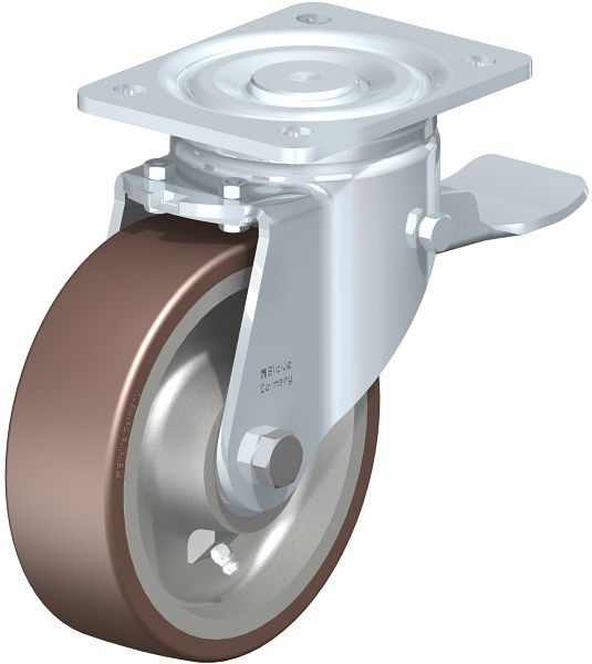 Blickle LH-GB 160K-ST Stahlblech-Lenkrolle, Schwerlast-Ausführung, mit Anschraubplatte & Feststeller, Blickle Besthane®, Braun, 749973