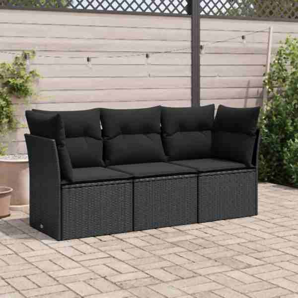 vidaXL 3-tlg. Garten-Sofagarnitur mit Kissen Schwarz Poly Rattan, UV-beständig, 3249044