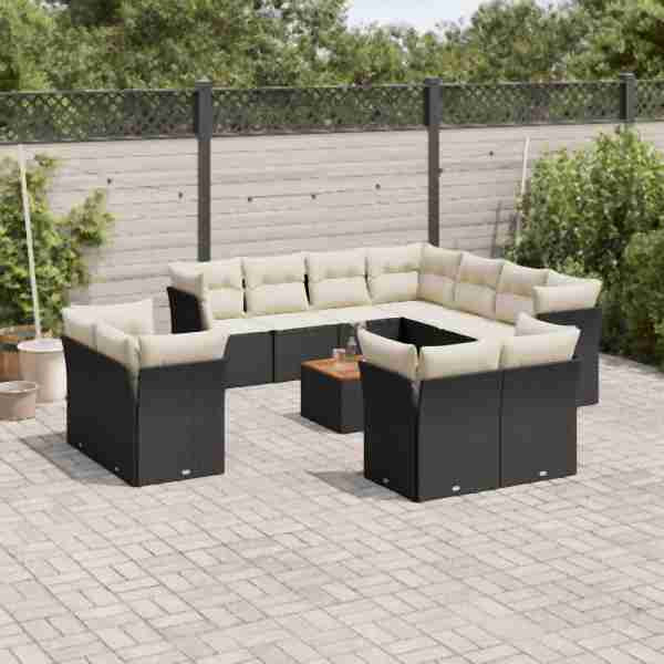 vidaXL 12-tlg. Garten-Sofagarnitur mit Kissen Schwarz Poly Rattan, UV-beständig, 3256273