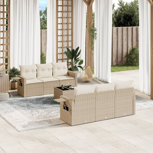 vidaXL 7-tlg. Garten-Sofagarnitur mit Kissen Beige Poly Rattan, 3252245