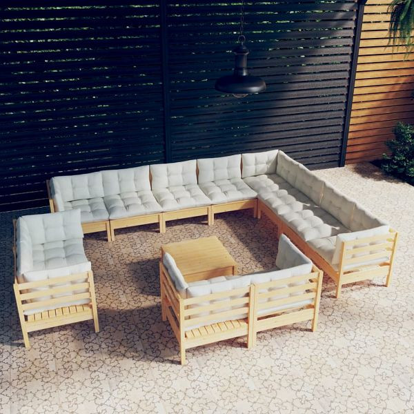 vidaXL 13-teilig Garten-Lounge-Set mit Creme Kissen Massivholz Kiefer, 3096953