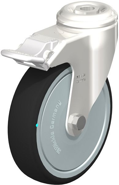 Blickle LKRXA-PATH 126KD-FI-FK Edelstahl-Apparate-Lenkrolle mit Rückenloch & Feststeller, Thermoplastisches Polyurethan, Grau, 760889