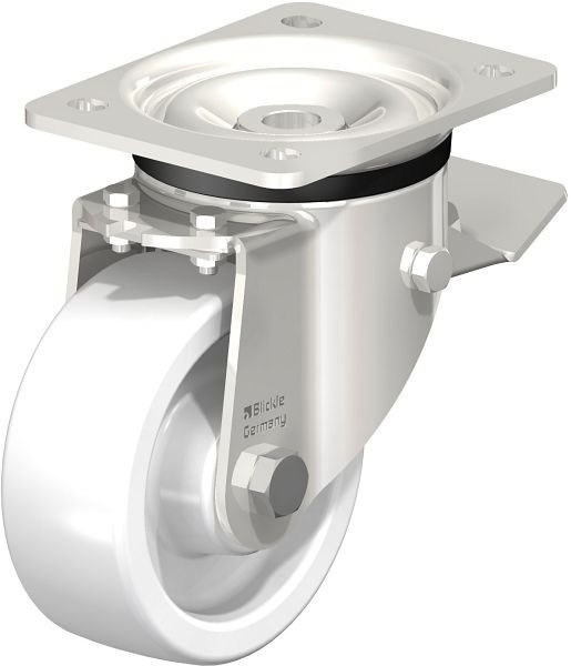 Blickle LKX-SPO 127G-ST Edelstahl-Schwerlast-Lenkrolle mit Anschraubplatte & Feststeller, Polyamid, Weiß, 678664