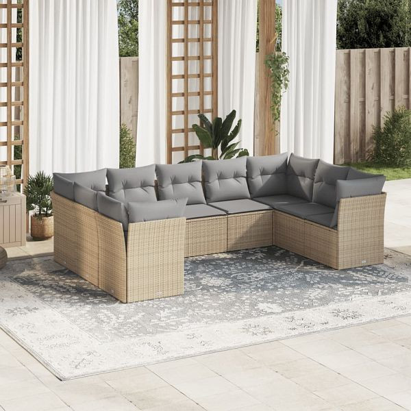 vidaXL 9-tlg. Garten-Sofagarnitur mit Kissen Beige Poly Rattan, 3218129