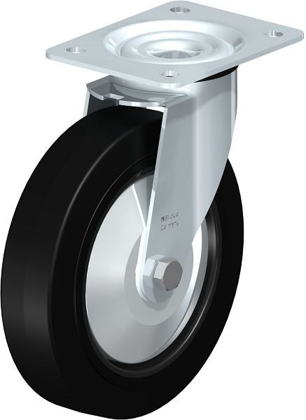 Blickle LE-POEV 200R-FA Stahlblech-Lenkrolle mit Anschraubplatte, Elastik-Vollgummi, Schwarz, 737117