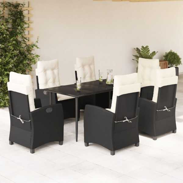 vidaXL 7-tlg. Garten-Essgruppe mit Kissen Schwarz Poly Rattan, UV-beständig, 3212727