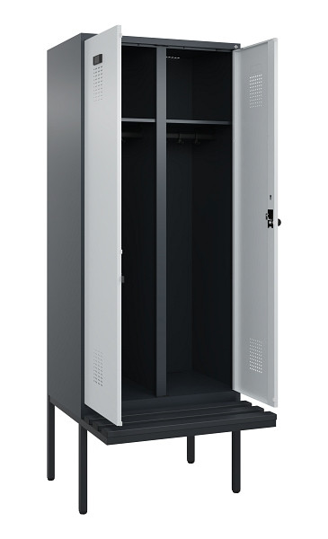 C+P Schwarz-Weiß-Spind Evolo PLUS, Bank, 2 Abteile, 2120x800x815mm, 7016/7035, Drehriegel, Material Sitzfläche Kunststoff, 0490427-22 S10071