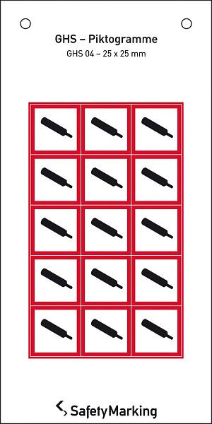 SafetyMarking GHS-Gefahrenpiktogramm, Symbol 04: Gasflasche, BxH 2,5x2,5 cm, Folie, selbstklebend, VE: 15 Stück/Bogen, 30.3551-04