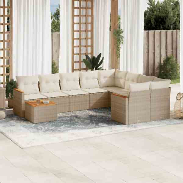 vidaXL 10-tlg. Garten-Sofagarnitur mit Kissen Beige Poly Rattan, UV-beständig, 3258719