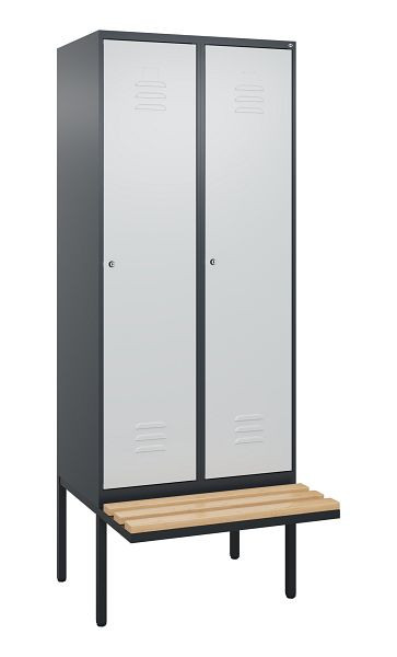 C+P Umkleidespind Classic PLUS, 2 Abteile, 2120x800x815mm, 7016/7035, Zylinderschlösser, Buche-Sitzleisten, je 2 Doppel-Haken, 0800407-22F S10057