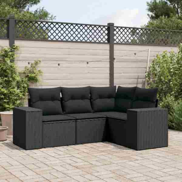 vidaXL 4-tlg. Garten-Sofagarnitur mit Kissen Schwarz Poly Rattan, UV-beständig, 3254842