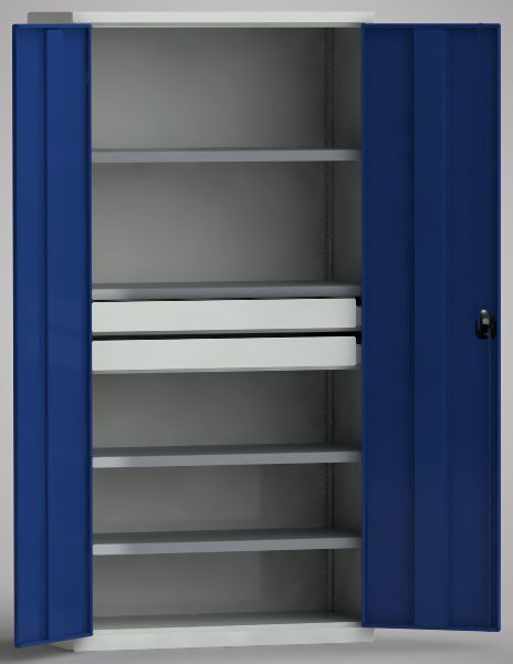 KLW Universalschrank 2000x1000x430mm mit abschließbaren Flügeltüren, 4 verzinkte höhenverstellbar Fachböden, 2 Schubladen, 120mm, 7FN-NF2000TD-0041XRB