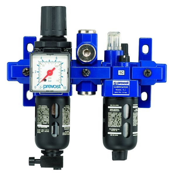 Prevost ALTO 1- Doppelblock- Filterregler mit Manometer, Öler, Wandbefestigungsset und Zwischenstück für ungeölte Luft, IG BSPP=G 1/4, 500 Nm3/h, TB SME1