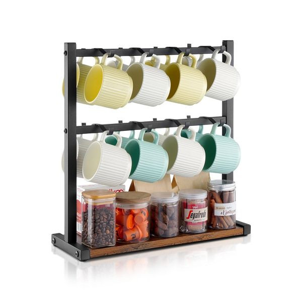 VEVOR Kaffeetassenhalter mit 16 Haken, 2-stöckig aus Karbonstahl und Holz, für die Kaffeebar zu Hause (Schwarz), LSMKBGJFCSMJBDTGZV0
