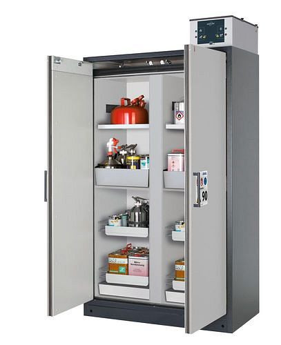 asecos Feuerbeständiger Gefahrstoffschrank Select, Mittelwand, mit Einlegeböden, Auszugswannen, grau, 266856
