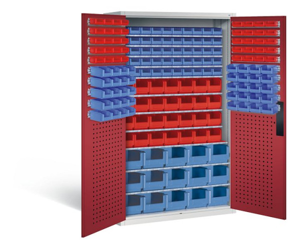 C+P Magazinschrank Serie 13, H1950xB1100xT535mm, Farbe: Lichtgrau / Rubinrot, Muldengriff, 130276-62 S10013