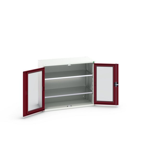 bott verso Flügeltürschrank mit Sichtfenster, mit 2 Fachböden, BxTxH: 1050 x 550 x 900 mm, Lichtgrau / Purpurrot, 16926275.24