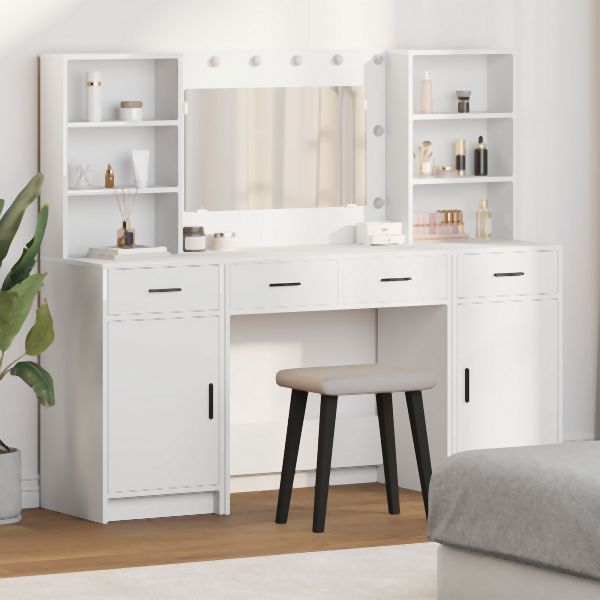 vidaXL 3-teiliges Schminktisch-Set aus weißem Holzwerkstoff, 3334281