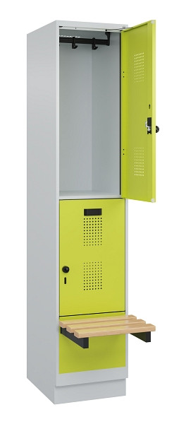 C+P Doppelstock-Spind Evolo PLUS, Bank, 2 Fächer, 1950x400x815mm, 7035/0024, Drehriegel, Sitzfläche Buche-Hartholz, mit Sockel, 049340-12 S10015