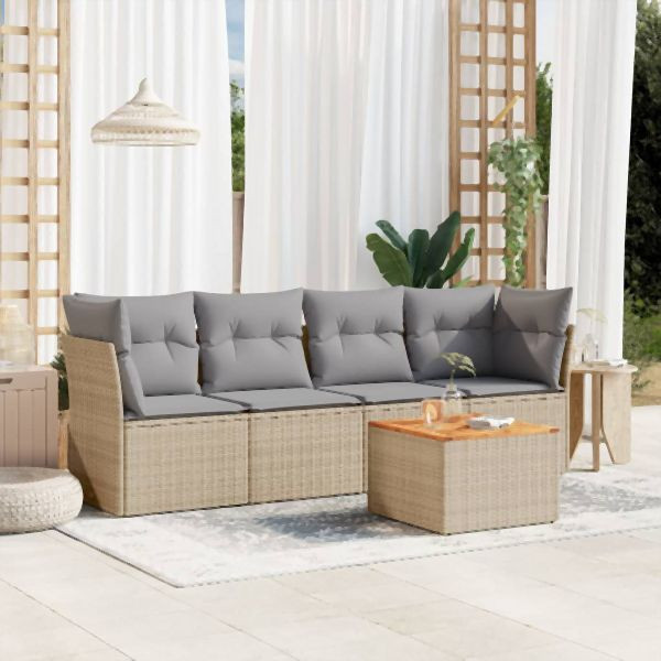 vidaXL 5-tlg. Garten-Sofagarnitur mit Kissen Beige Poly Rattan, 3255807