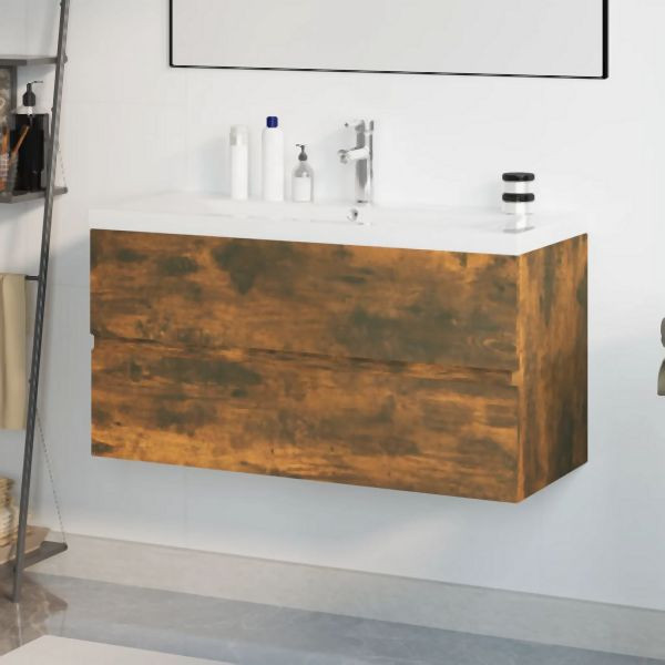 vidaXL Waschbeckenschrank mit Einbaubecken Räuchereiche Holzwerkstoff, 3152882