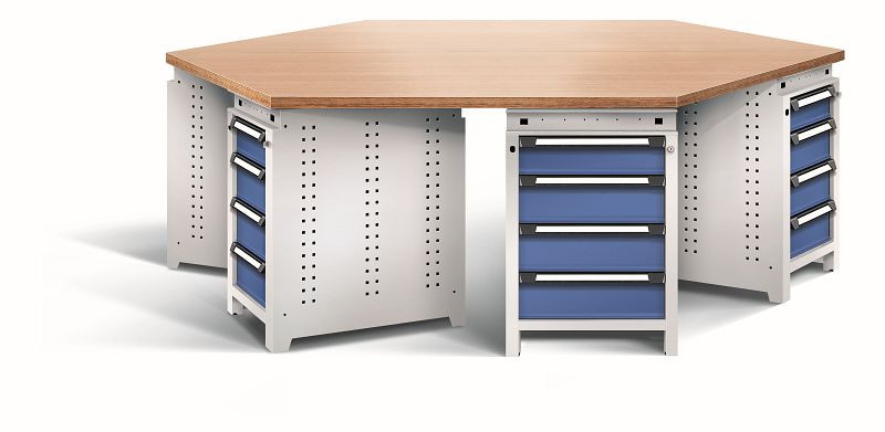 Otto Kind team-work Arbeitsplatz function, mit 6 Unterbauten Typ 107, Schubladen, Multiplexplatte 6-eckig, Gehäuse RAL 7035, Front RAL 5010, 074428086