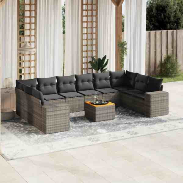 vidaXL 11-tlg. Garten-Sofagarnitur mit Kissen Grau Poly Rattan, UV-beständig, 3257950