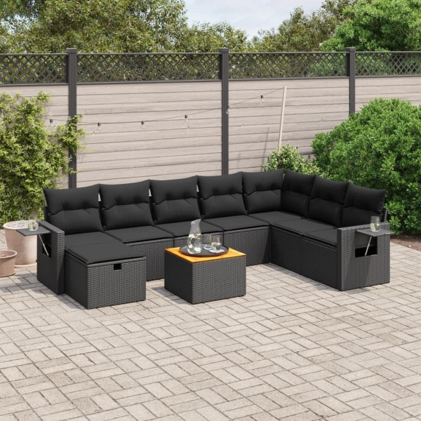 vidaXL 9-tlg. Garten-Sofagarnitur mit Kissen Schwarz Poly Rattan, UV-beständig, 3264982