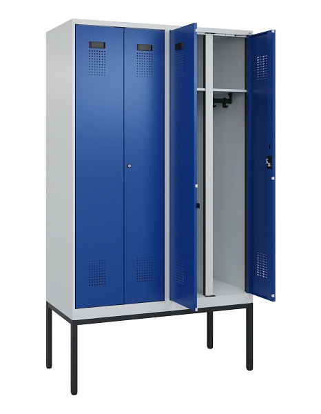 C+P Schwarz-Weiß-Spind Evolo PLUS, Gestell, 4 Abteile, 2120x1200x500mm, 7035/501, Frontfarbe RAL 5010 Enzianblau, Zylinderschloss, 0490327-40 S10033