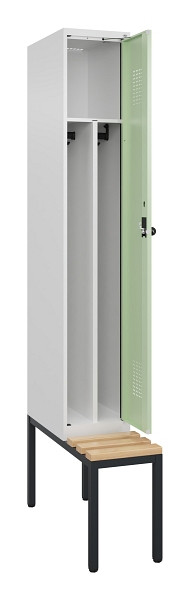 C+P Spind Evolo PLUS, 1 Abteile, 2120x300x815mm, 9016/6019, Haken 4, Drehriegel, Sitzfläche Buche-Hartholz, Sitzbank, 0490507-10F S10019