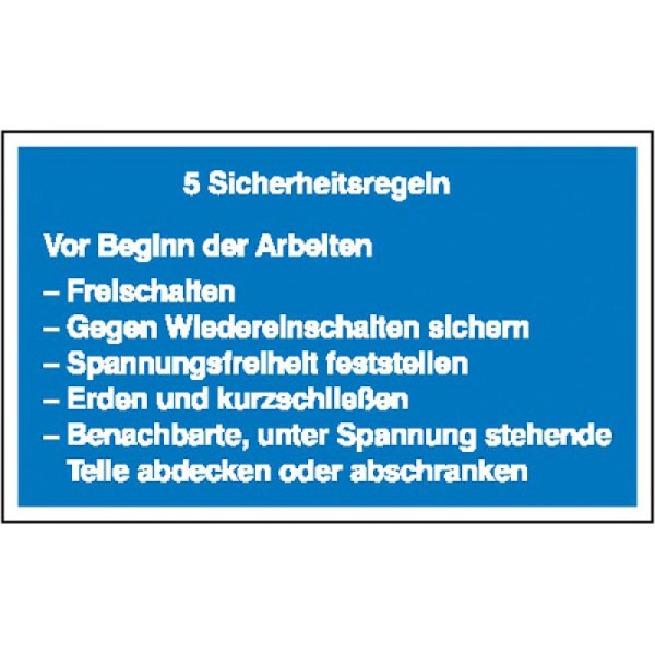 Stein HGS Elektrokennzeichnung/Hinweisschild, 5 Sicherheitsregeln, Aluminium, geprägt, 400 x 250 mm, 11.1312
